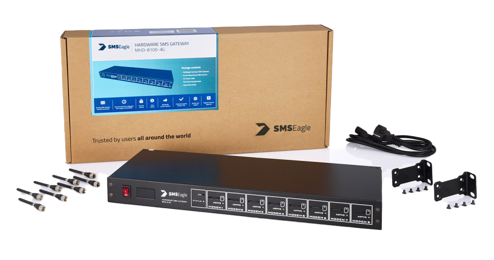 MHD-8100 box contents including the device, 8x antennas, power cable and rack mounting brackets