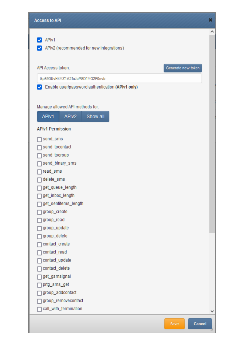 Access to API window with APIv1/APIv2 checkboxes, access token and permission list