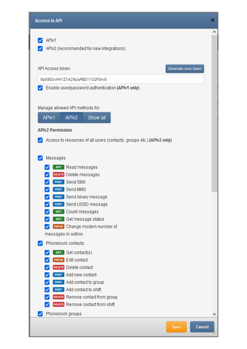 Access to API dialog - APIv2 granular permission list