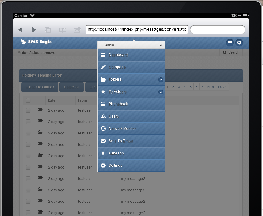 SMSEagle web GUI on a tablet screen