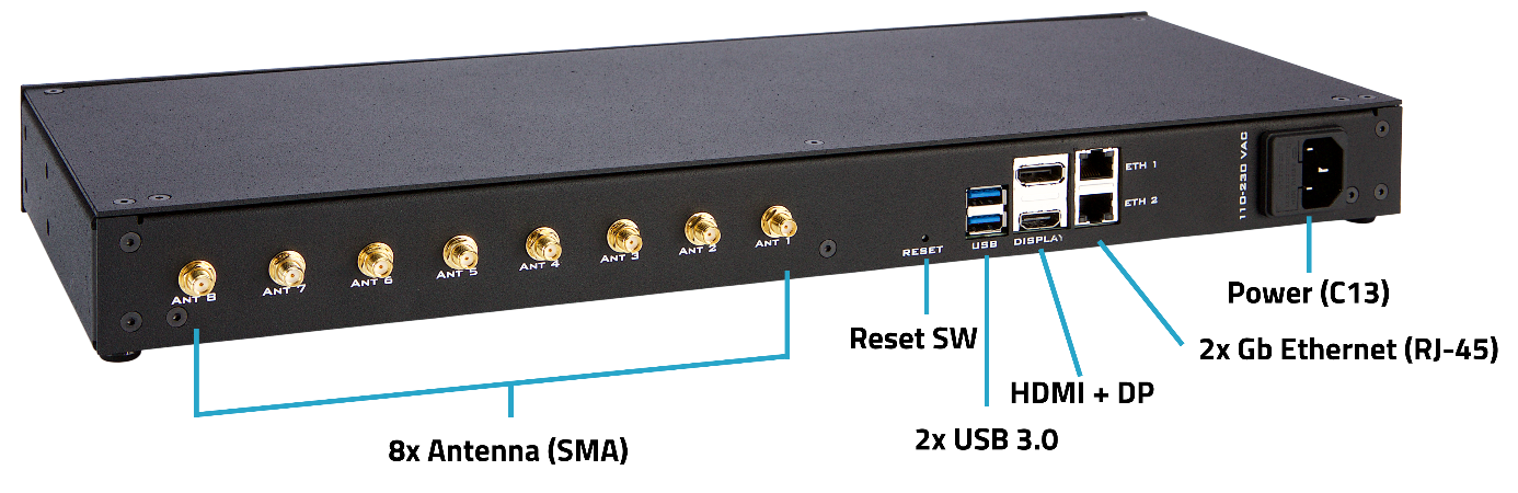 MHD-8100 back panel with labeled 8x antenna sockets, reset switch, USB, HDMI and DisplayPort, 2x Gigabit Ethernet ports, and power socket