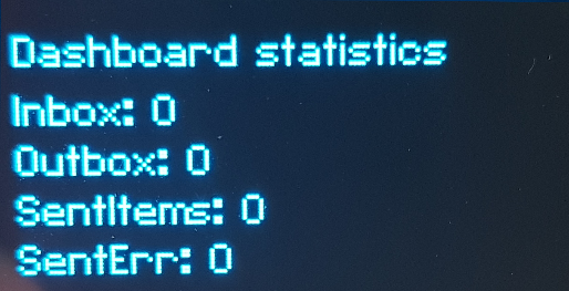 MHD-8100 display showing dashboard statistics - inbox, outbox, sent items and sent errors counts