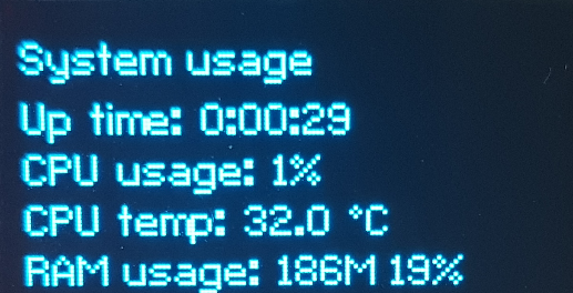 MHD-8100 display showing system usage - up time, CPU usage, CPU temperature and RAM usage